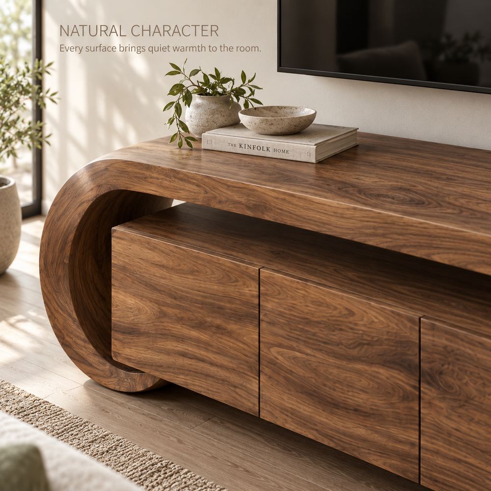 Arden Sculptural Solid Wood TV Stand - Design 075 - product detail and styling view 4