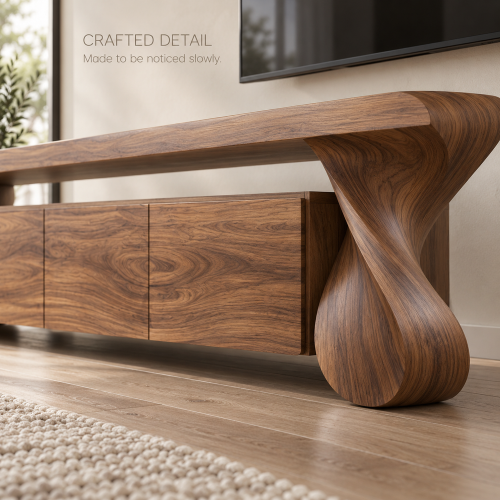 Arden Sculptural Solid Wood TV Stand - Design 075 - product detail and styling view 5