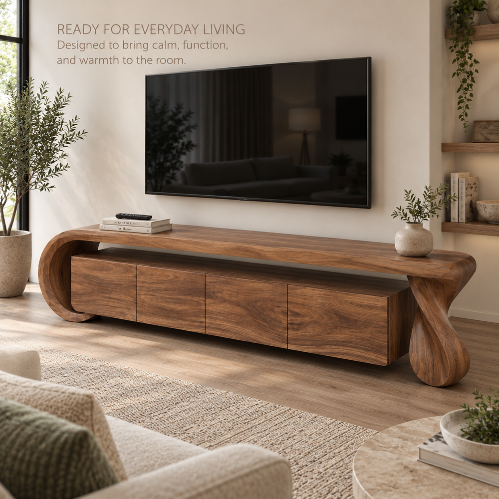Arden Sculptural Solid Wood TV Stand - Design 075 - product detail and styling view 6