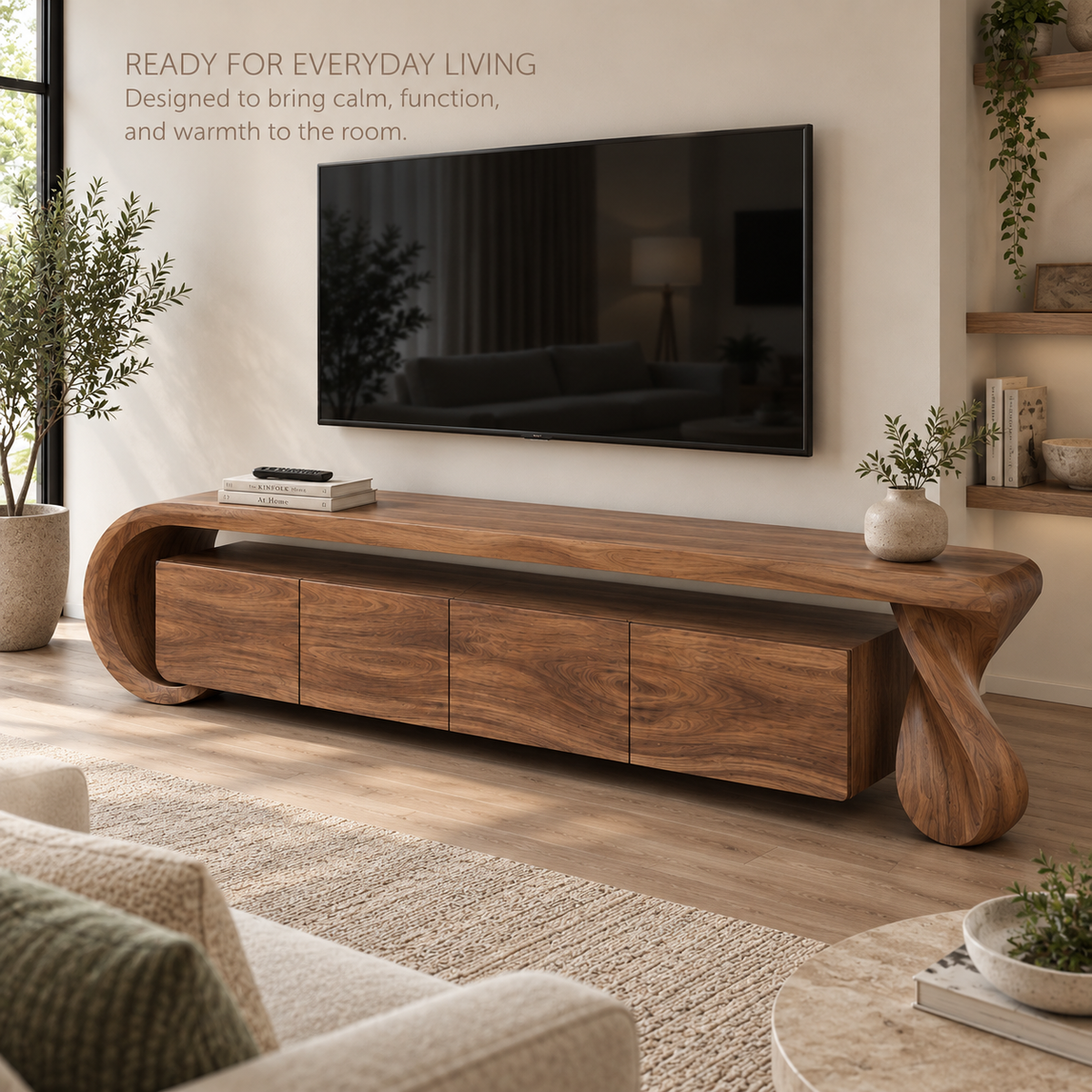 Arden Sculptural Solid Wood TV Stand - Design 075 - product detail and styling view 6