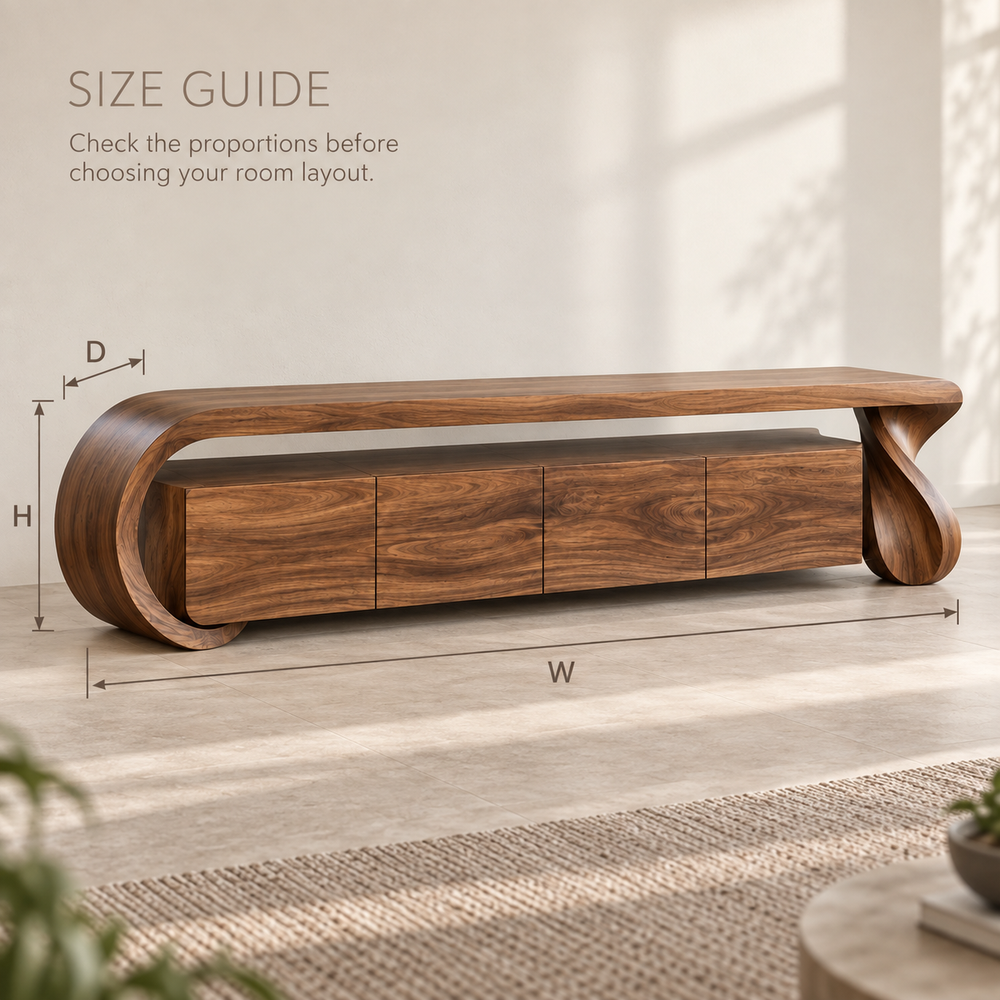 Arden Sculptural Solid Wood TV Stand - Design 075 - product detail and styling view 7