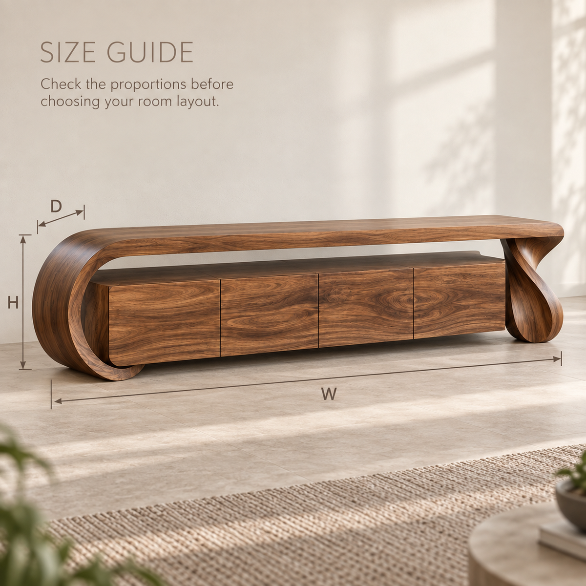 Arden Sculptural Solid Wood TV Stand - Design 075 - product detail and styling view 7