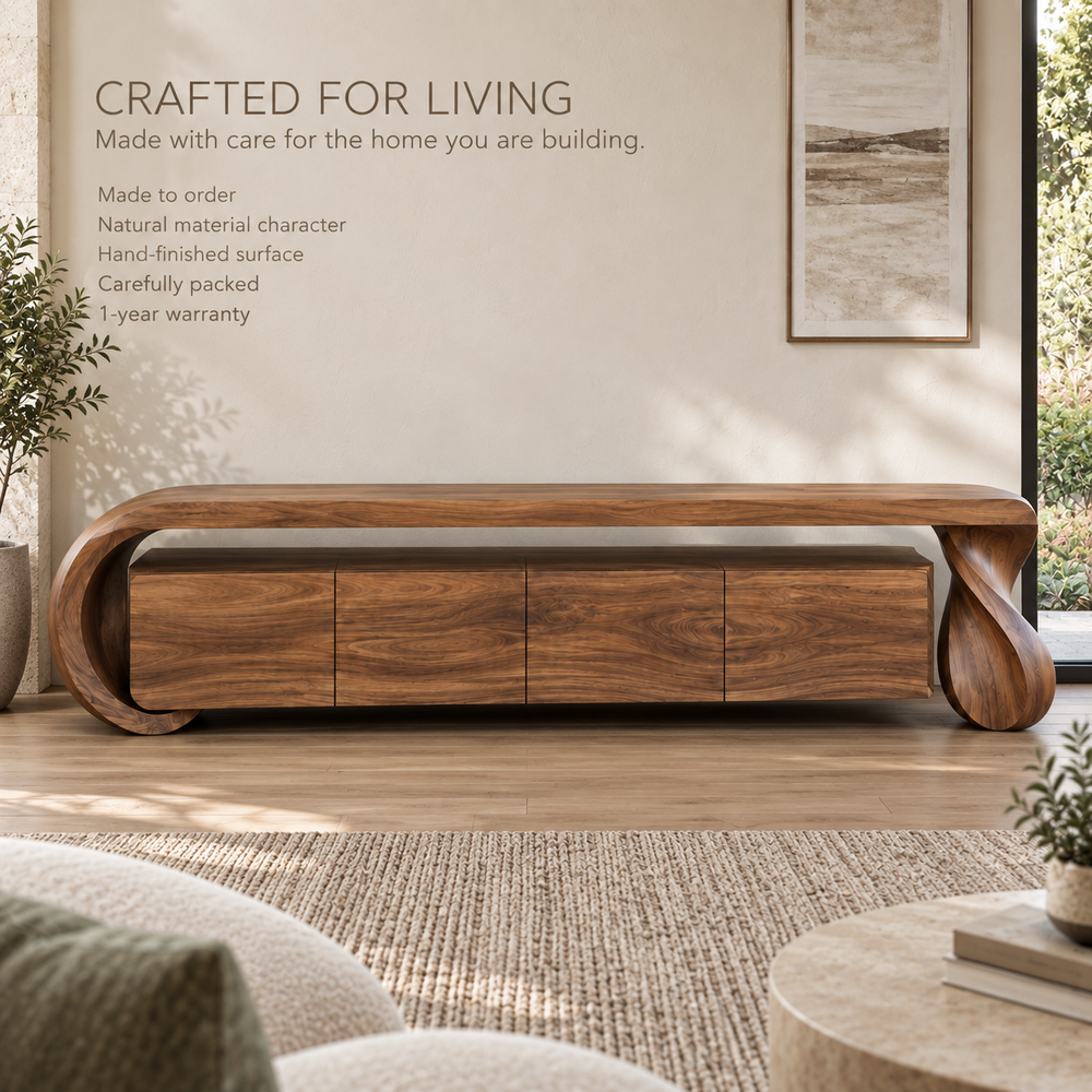 Arden Sculptural Solid Wood TV Stand - Design 075 - product detail and styling view 8