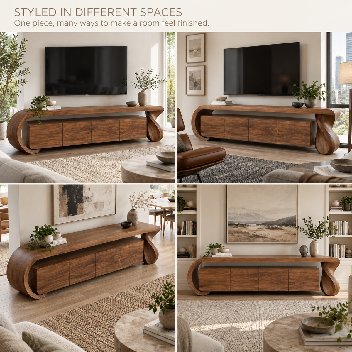 Arden Sculptural Solid Wood TV Stand - Design 075 - product detail and styling view 9