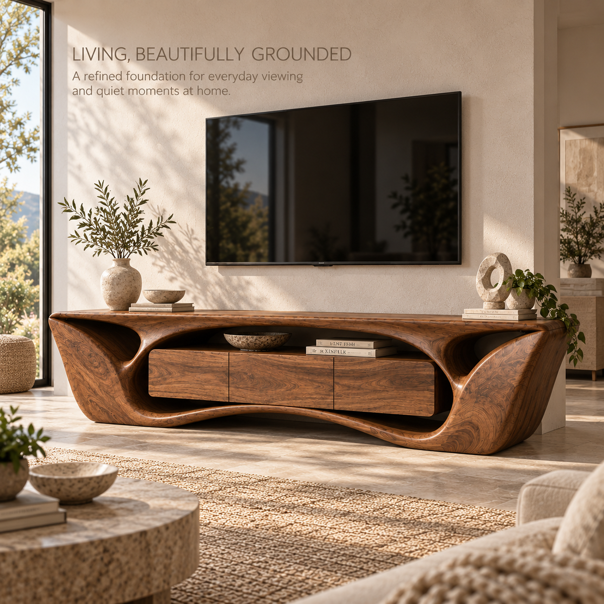 Calista Sculptural Solid Wood TV Stand - Design 076 - main lifestyle view