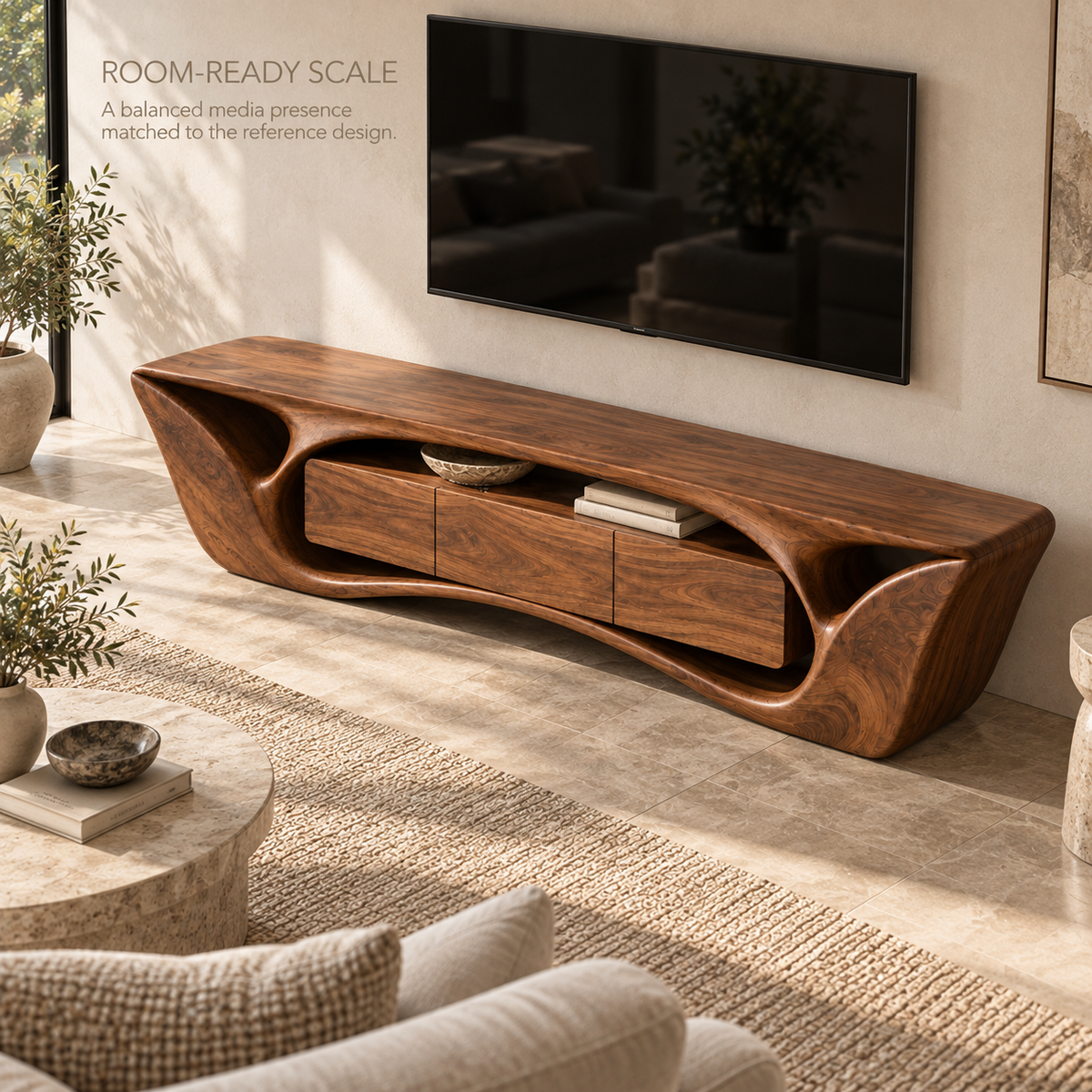 Calista Sculptural Solid Wood TV Stand - Design 076 - product detail and styling view 3