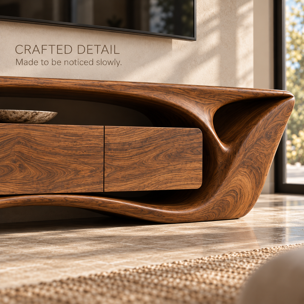 Calista Sculptural Solid Wood TV Stand - Design 076 - product detail and styling view 5