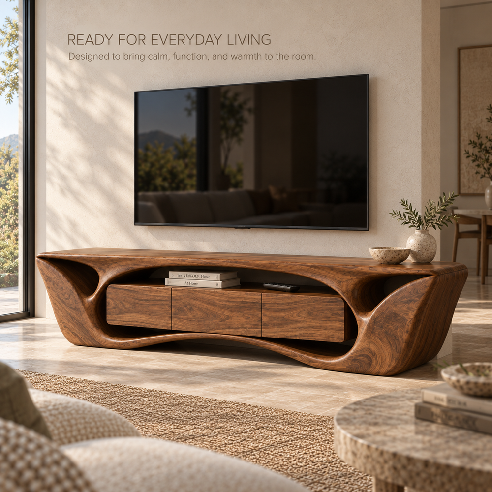 Calista Sculptural Solid Wood TV Stand - Design 076 - product detail and styling view 6