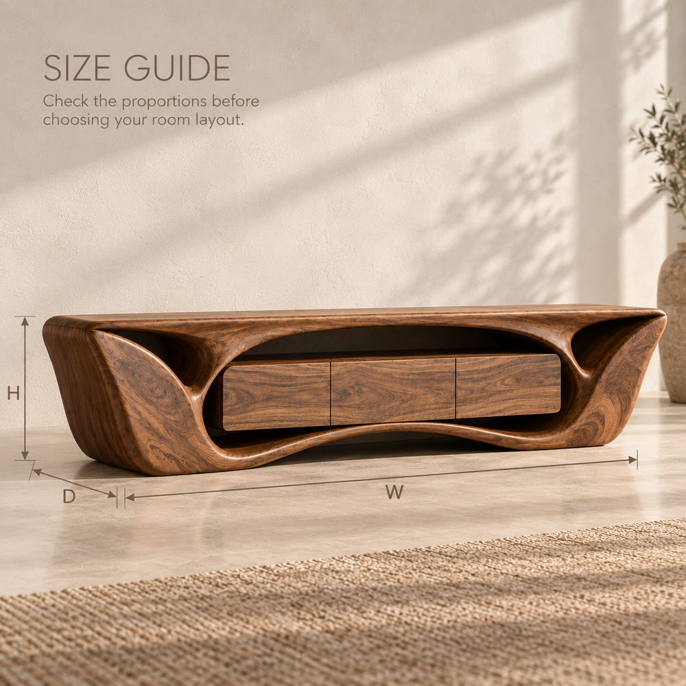 Calista Sculptural Solid Wood TV Stand - Design 076 - product detail and styling view 7