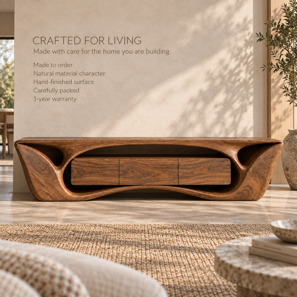 Calista Sculptural Solid Wood TV Stand - Design 076 - product detail and styling view 8