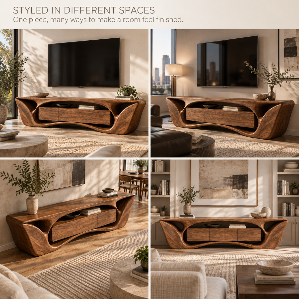 Calista Sculptural Solid Wood TV Stand - Design 076 - product detail and styling view 9
