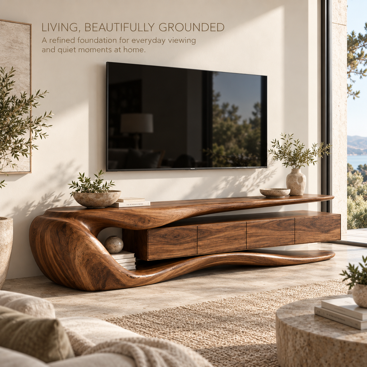 Rowan Sculptural Solid Wood TV Stand - Design 077 - main lifestyle view