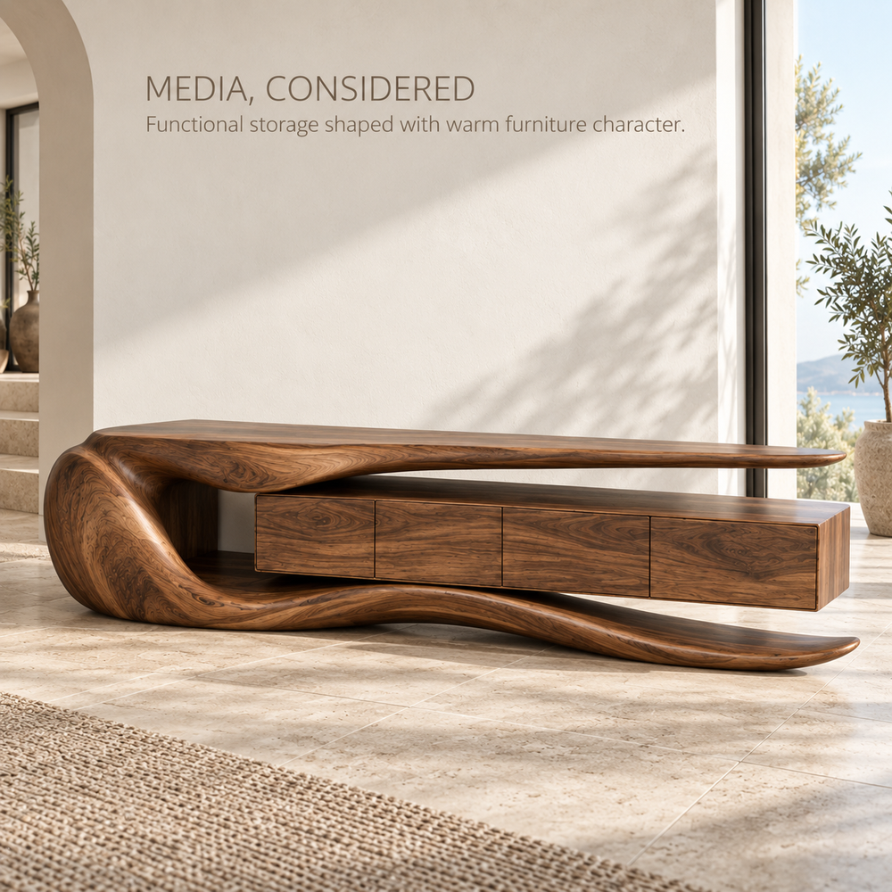 Rowan Sculptural Solid Wood TV Stand - Design 077 - product detail and styling view 2