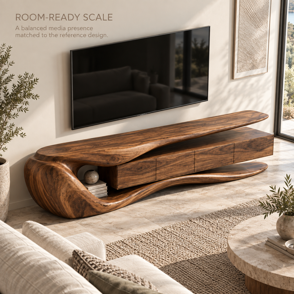 Rowan Sculptural Solid Wood TV Stand - Design 077 - product detail and styling view 3