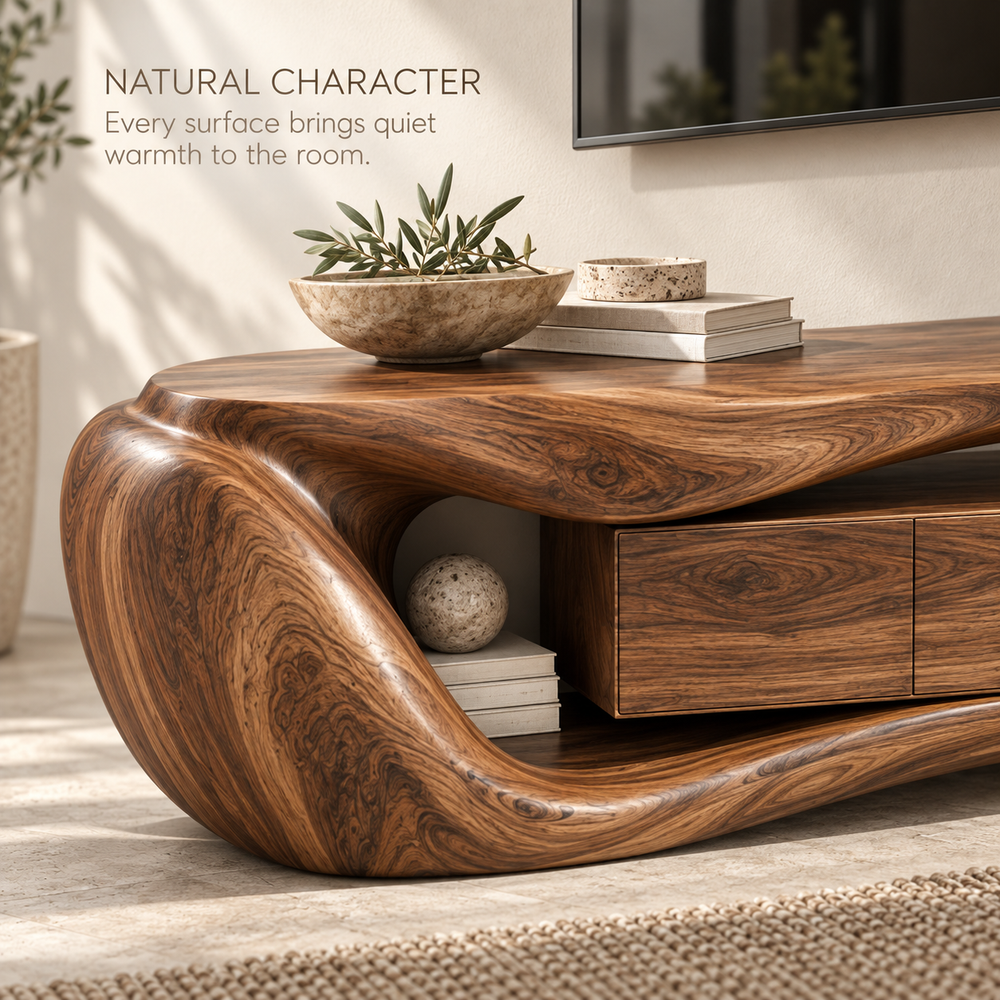 Rowan Sculptural Solid Wood TV Stand - Design 077 - product detail and styling view 4