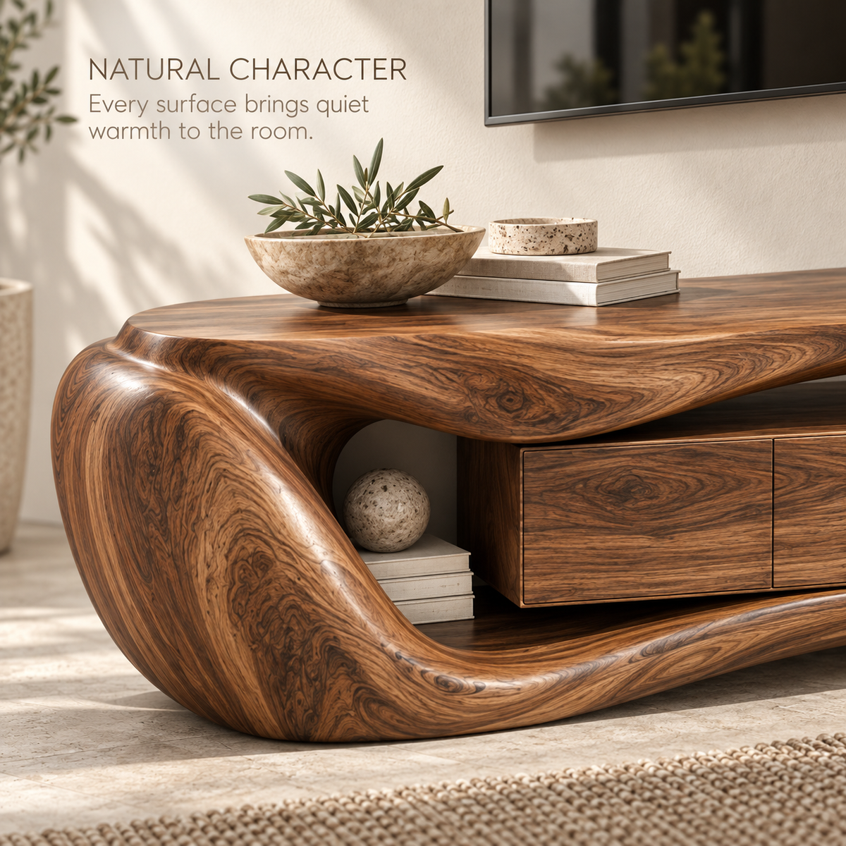 Rowan Sculptural Solid Wood TV Stand - Design 077 - product detail and styling view 4