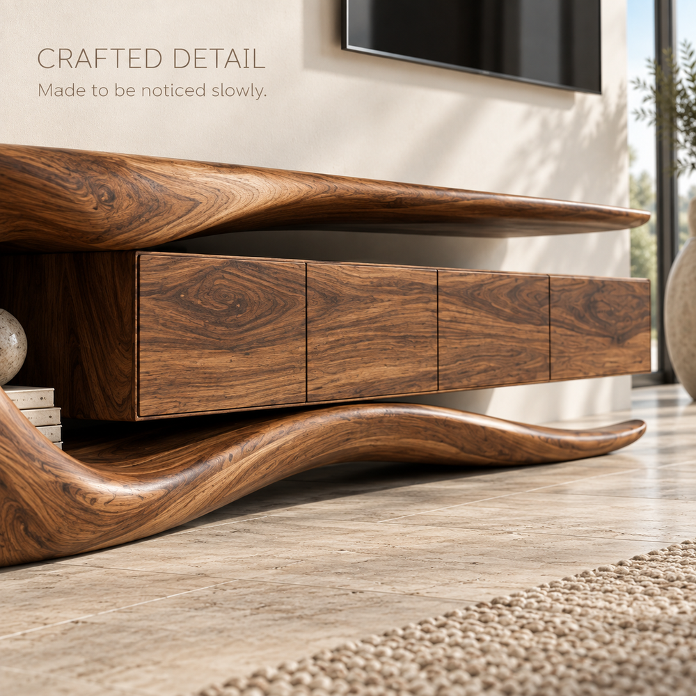 Rowan Sculptural Solid Wood TV Stand - Design 077 - product detail and styling view 5