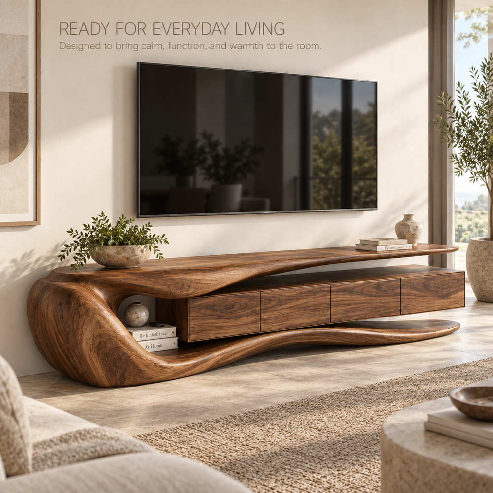 Rowan Sculptural Solid Wood TV Stand - Design 077 - product detail and styling view 6