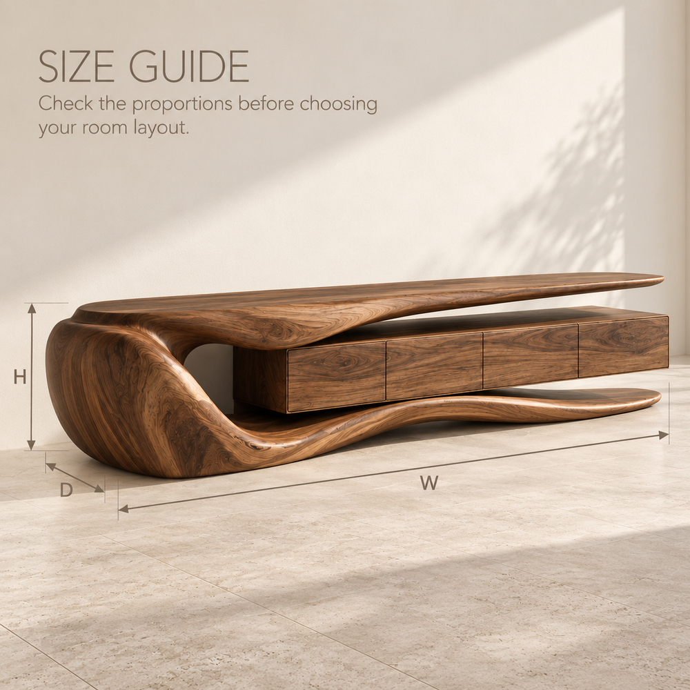 Rowan Sculptural Solid Wood TV Stand - Design 077 - product detail and styling view 7