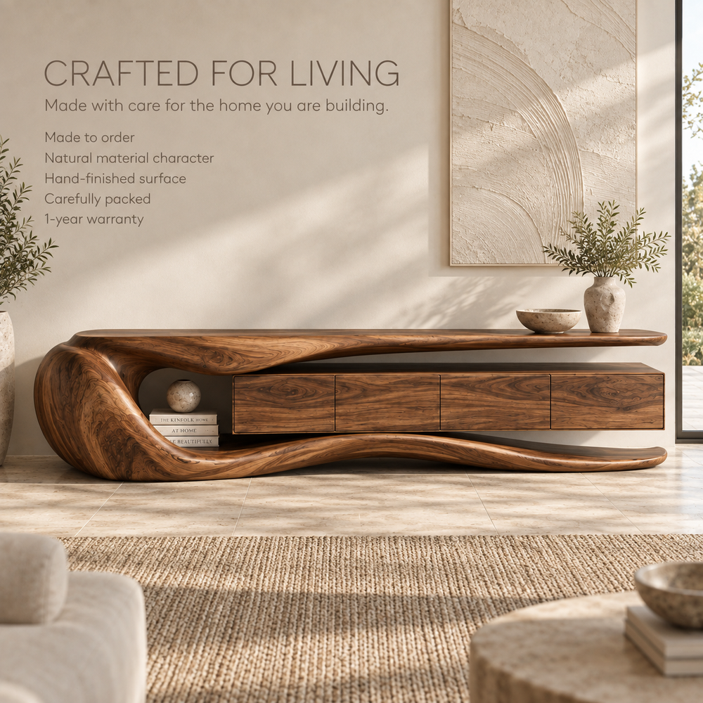 Rowan Sculptural Solid Wood TV Stand - Design 077 - product detail and styling view 8