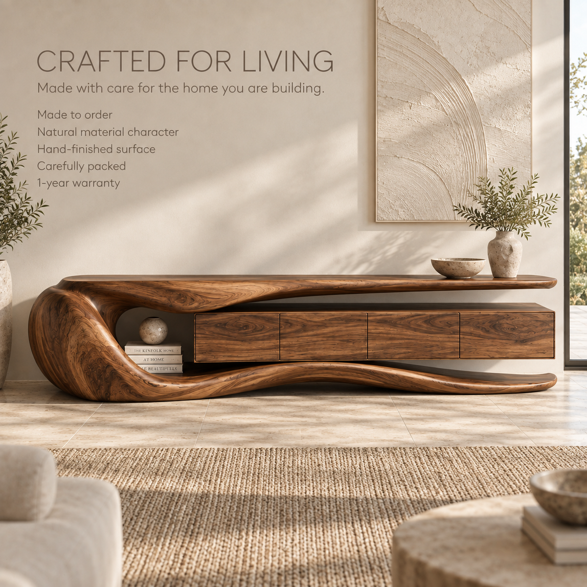 Rowan Sculptural Solid Wood TV Stand - Design 077 - product detail and styling view 8