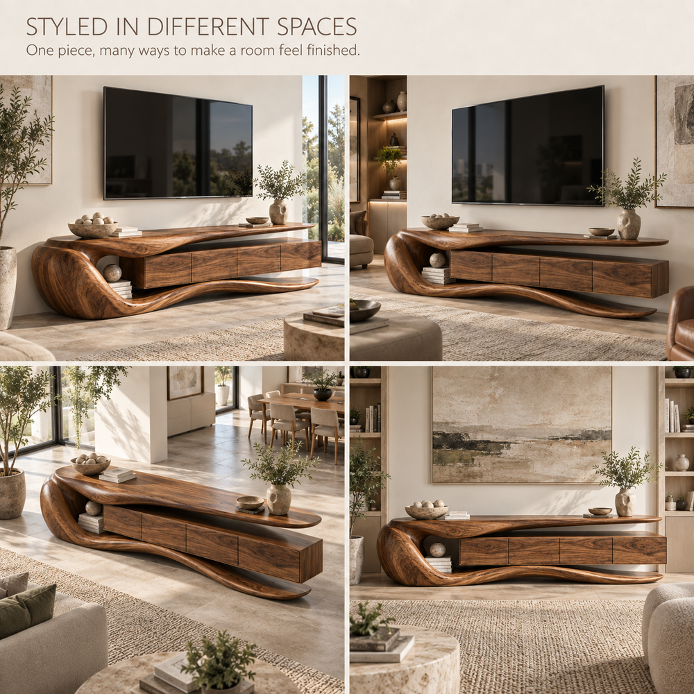 Rowan Sculptural Solid Wood TV Stand - Design 077 - product detail and styling view 9
