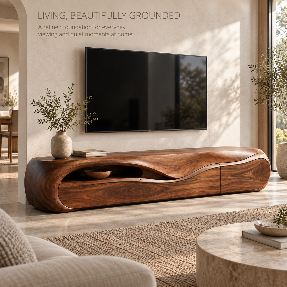Elara Sculptural Solid Wood TV Stand - Design 078 - main lifestyle view
