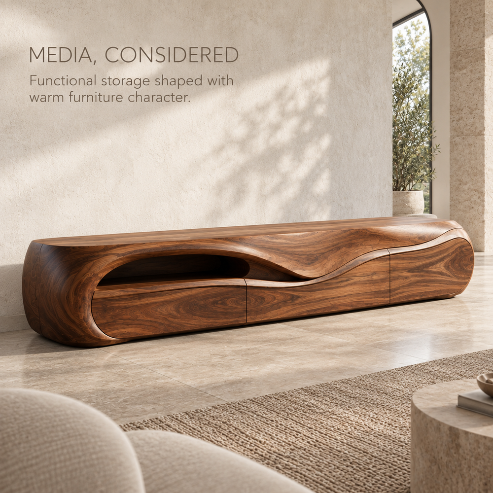 Elara Sculptural Solid Wood TV Stand - Design 078 - product detail and styling view 2