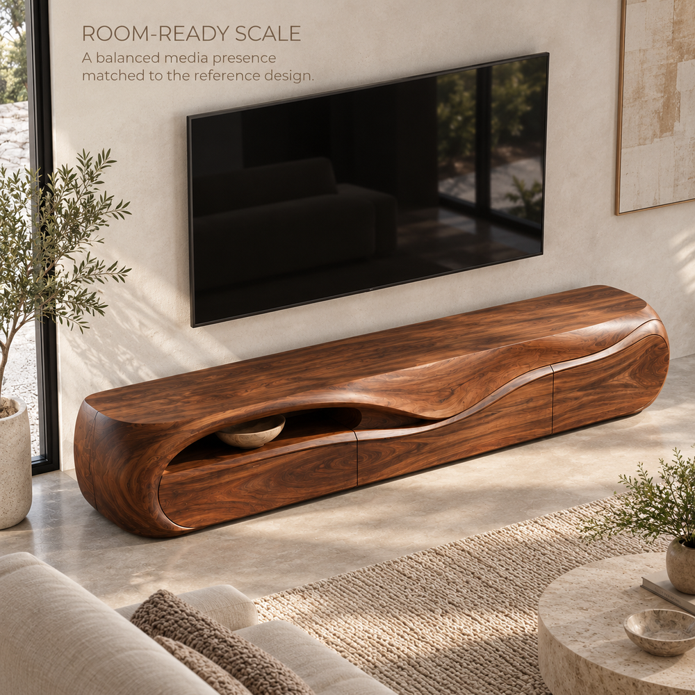 Elara Sculptural Solid Wood TV Stand - Design 078 - product detail and styling view 3