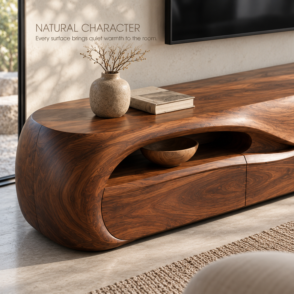 Elara Sculptural Solid Wood TV Stand - Design 078 - product detail and styling view 4