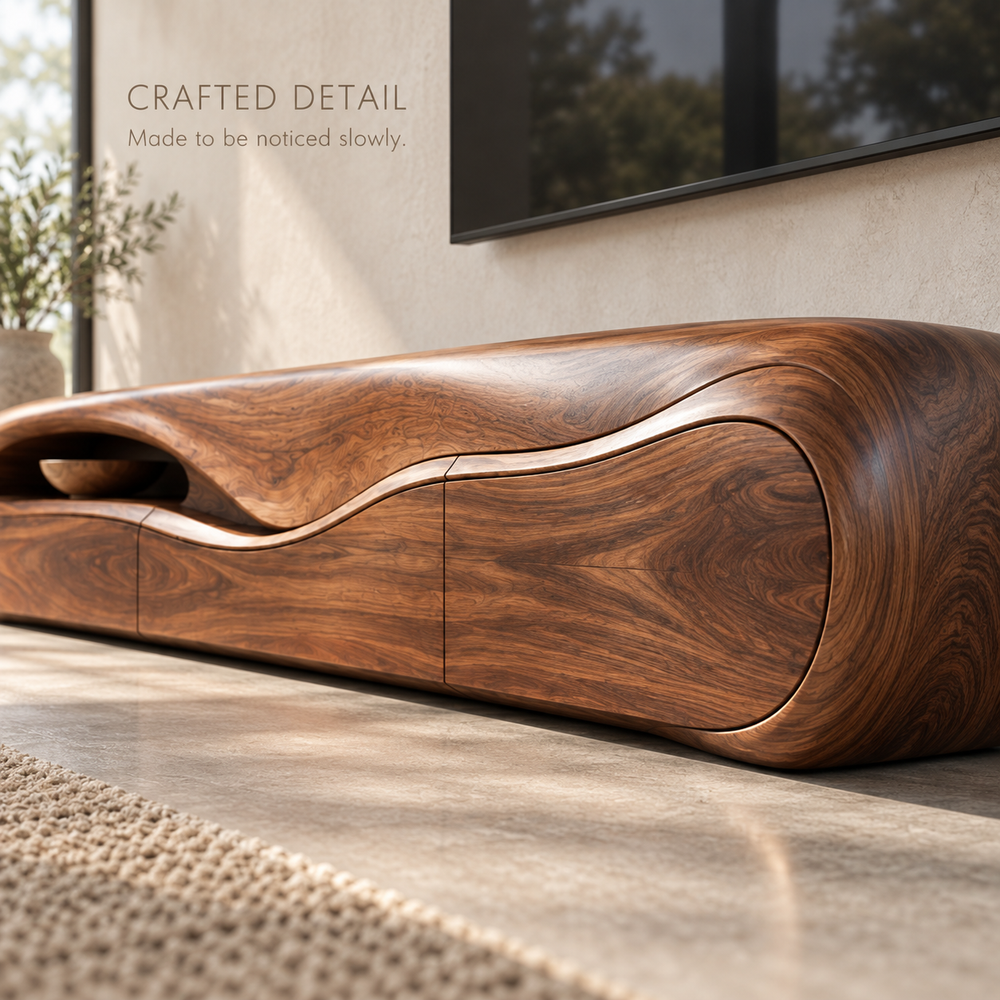Elara Sculptural Solid Wood TV Stand - Design 078 - product detail and styling view 5