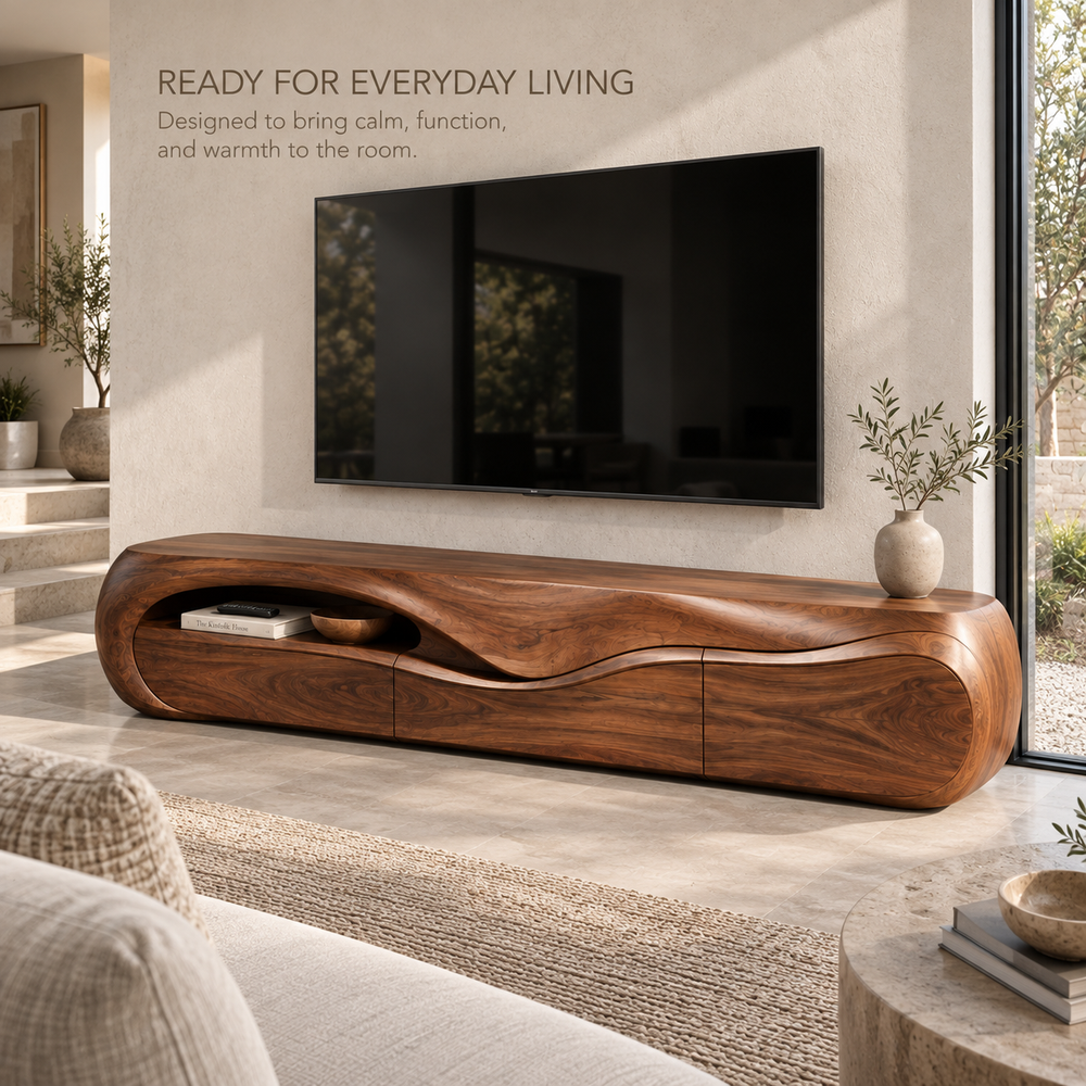 Elara Sculptural Solid Wood TV Stand - Design 078 - product detail and styling view 6