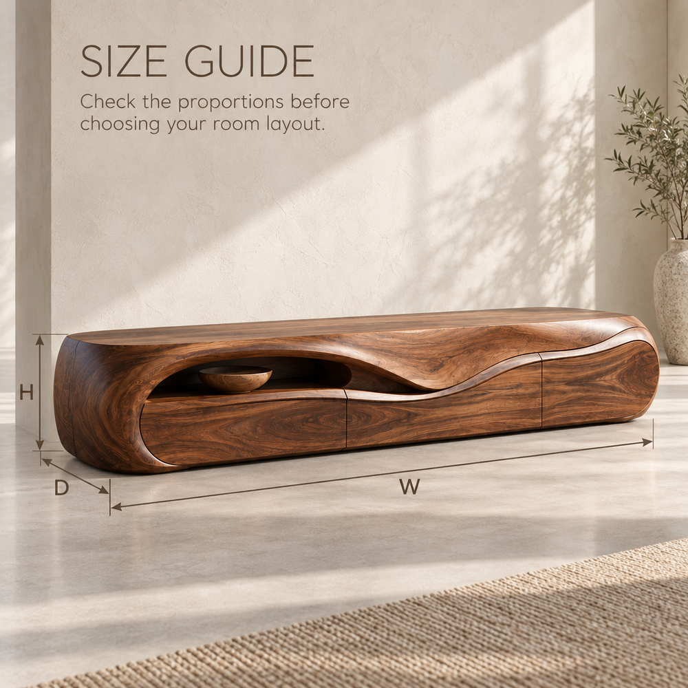 Elara Sculptural Solid Wood TV Stand - Design 078 - product detail and styling view 7