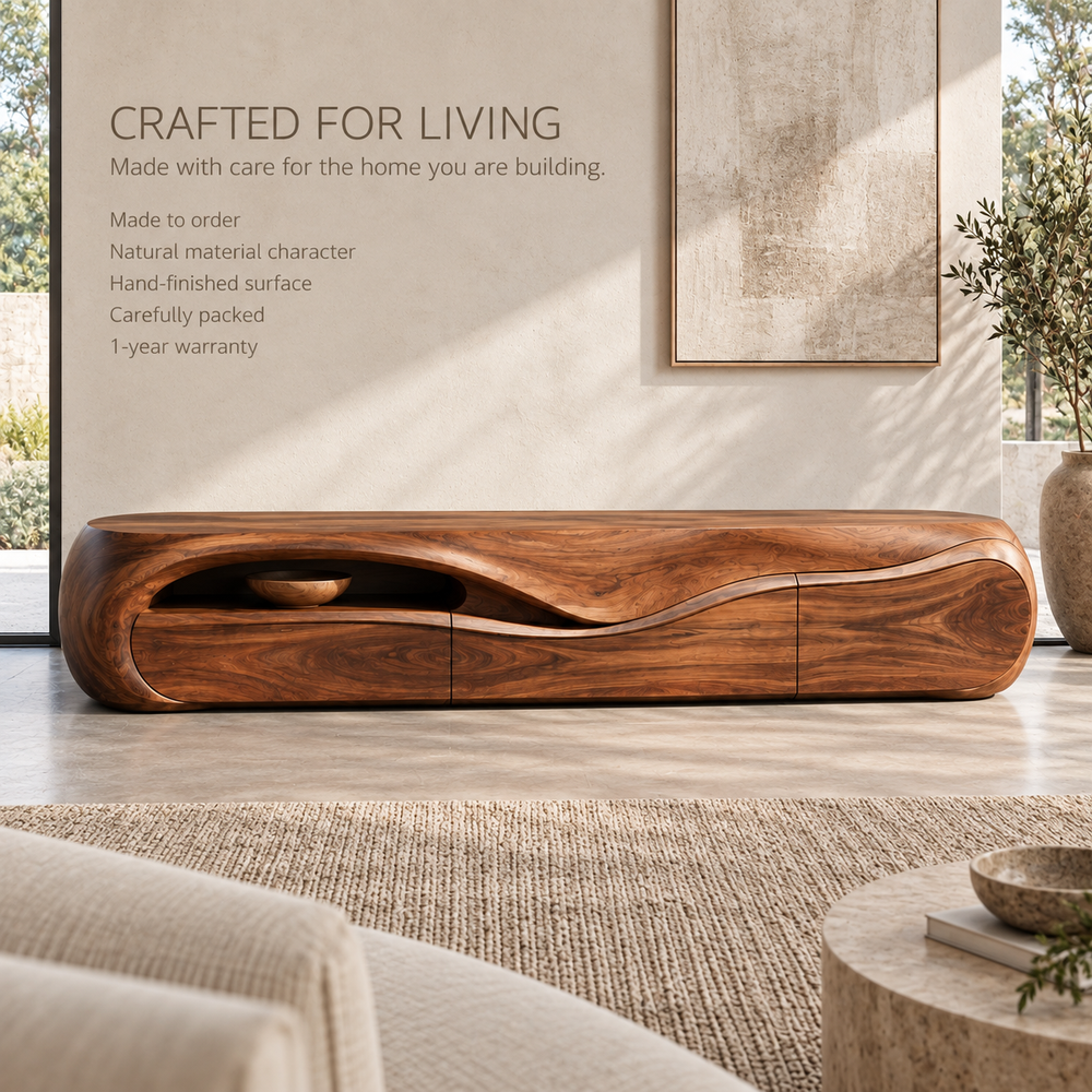 Elara Sculptural Solid Wood TV Stand - Design 078 - product detail and styling view 8