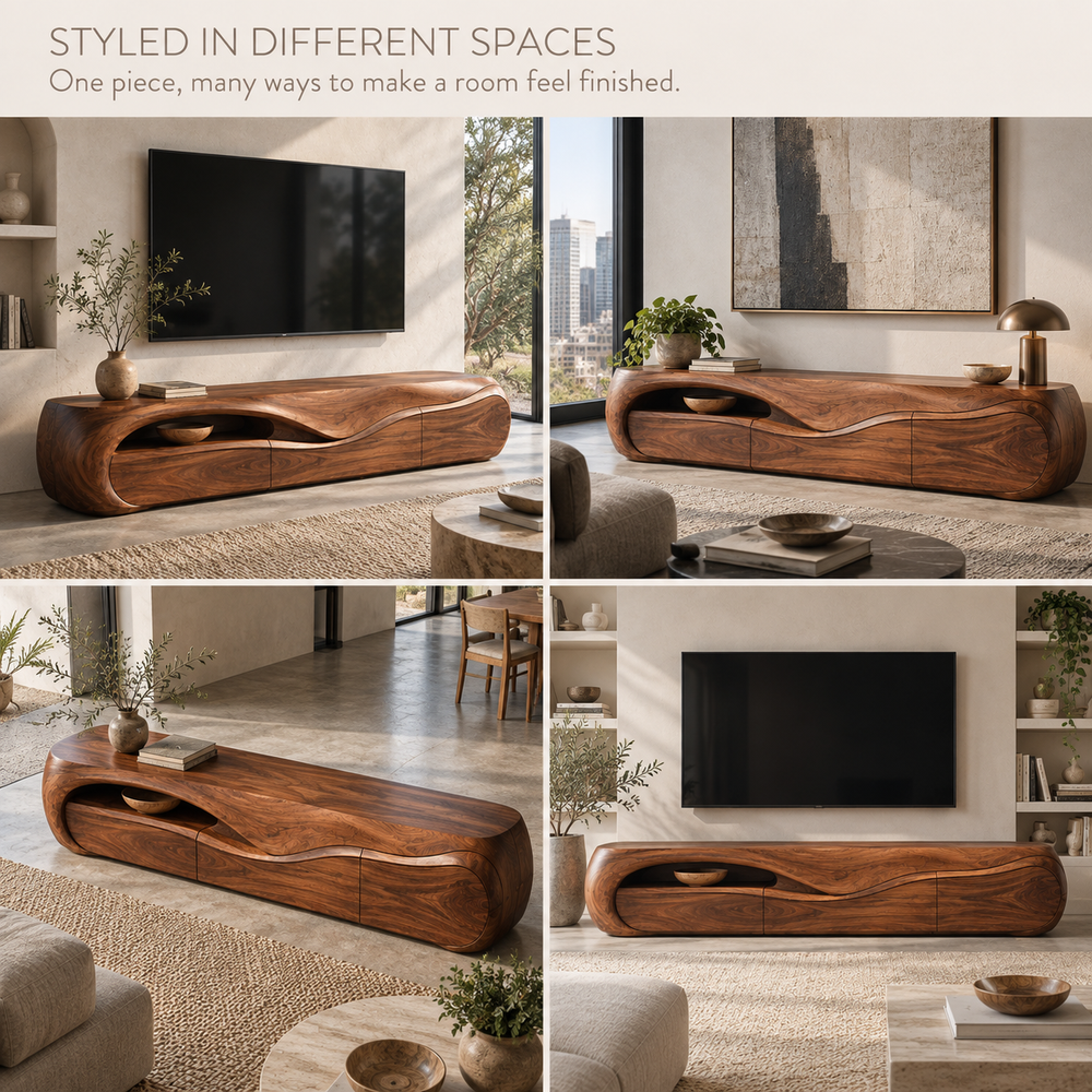Elara Sculptural Solid Wood TV Stand - Design 078 - product detail and styling view 9