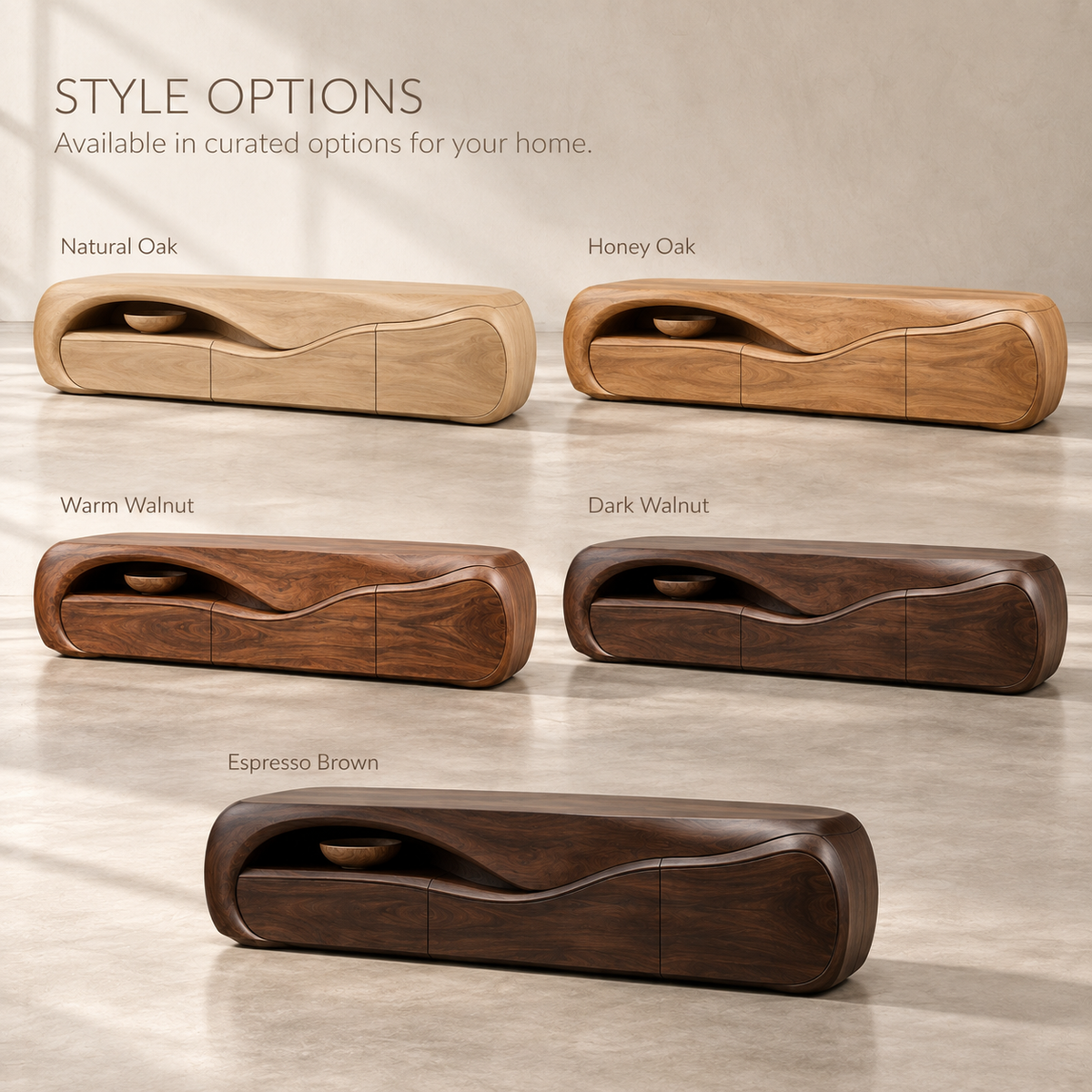 Elara Sculptural Solid Wood TV Stand - Design 078 - product detail and styling view 10