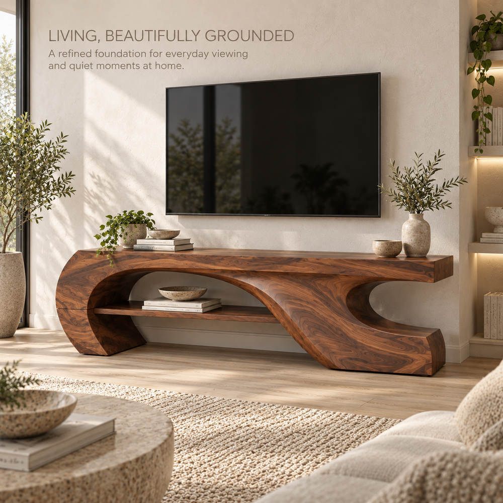 Soren Sculptural Solid Wood TV Stand - Design 080 - main lifestyle view