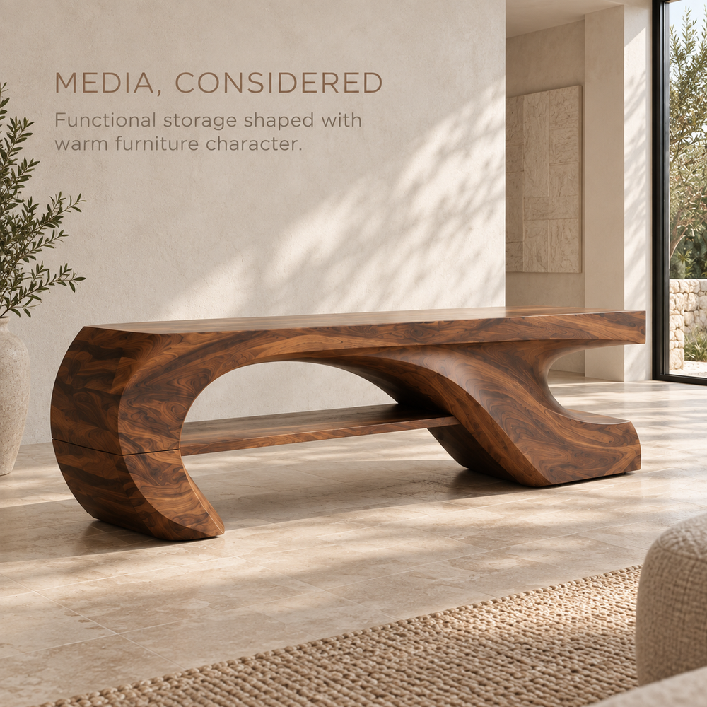 Soren Sculptural Solid Wood TV Stand - Design 080 - product detail and styling view 2
