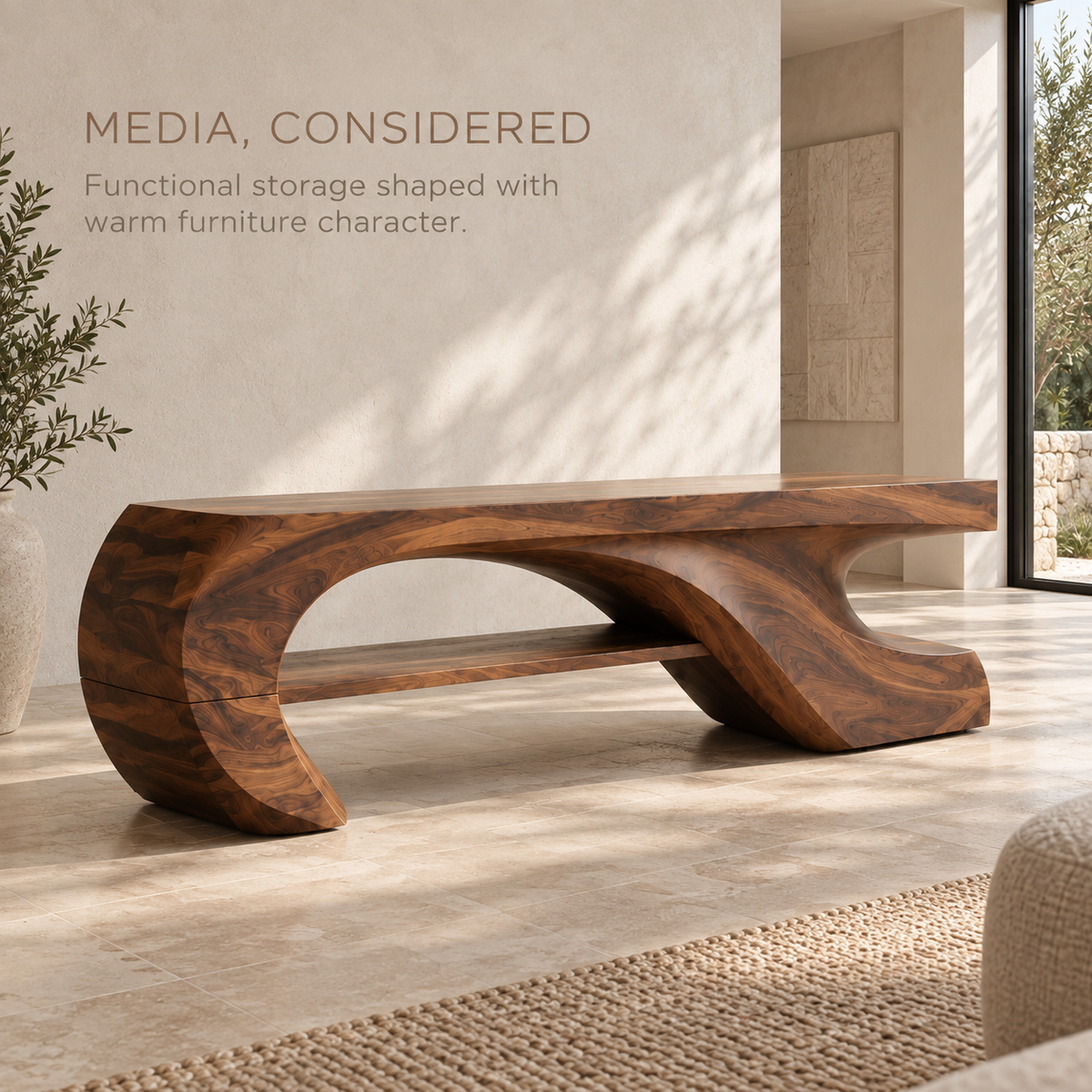Soren Sculptural Solid Wood TV Stand - Design 080 - product detail and styling view 2