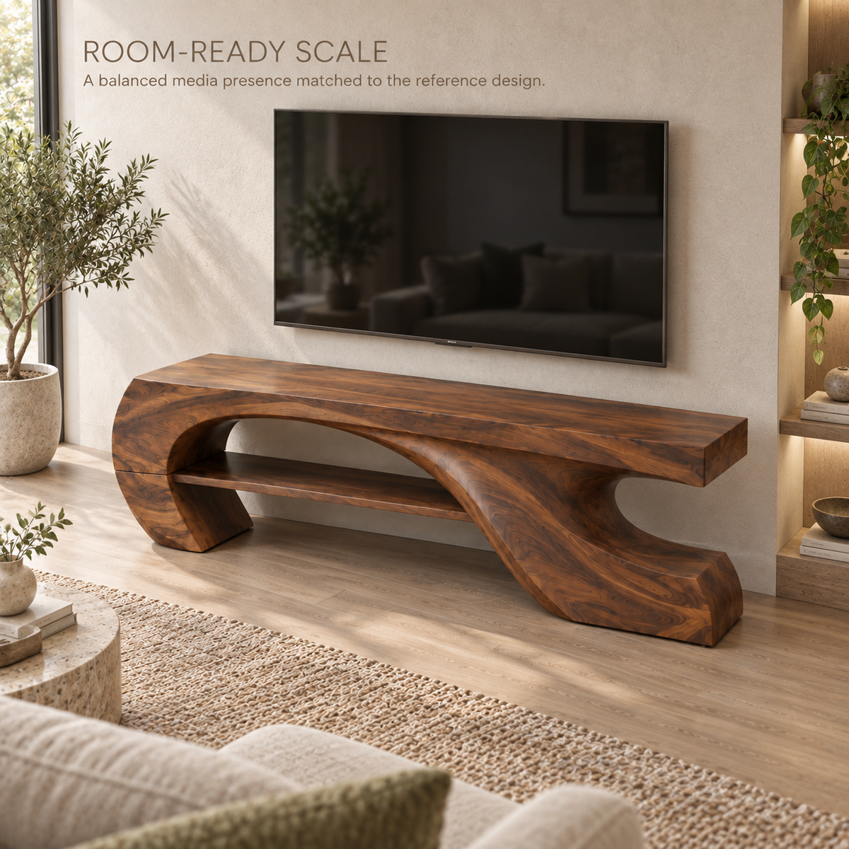 Soren Sculptural Solid Wood TV Stand - Design 080 - product detail and styling view 3