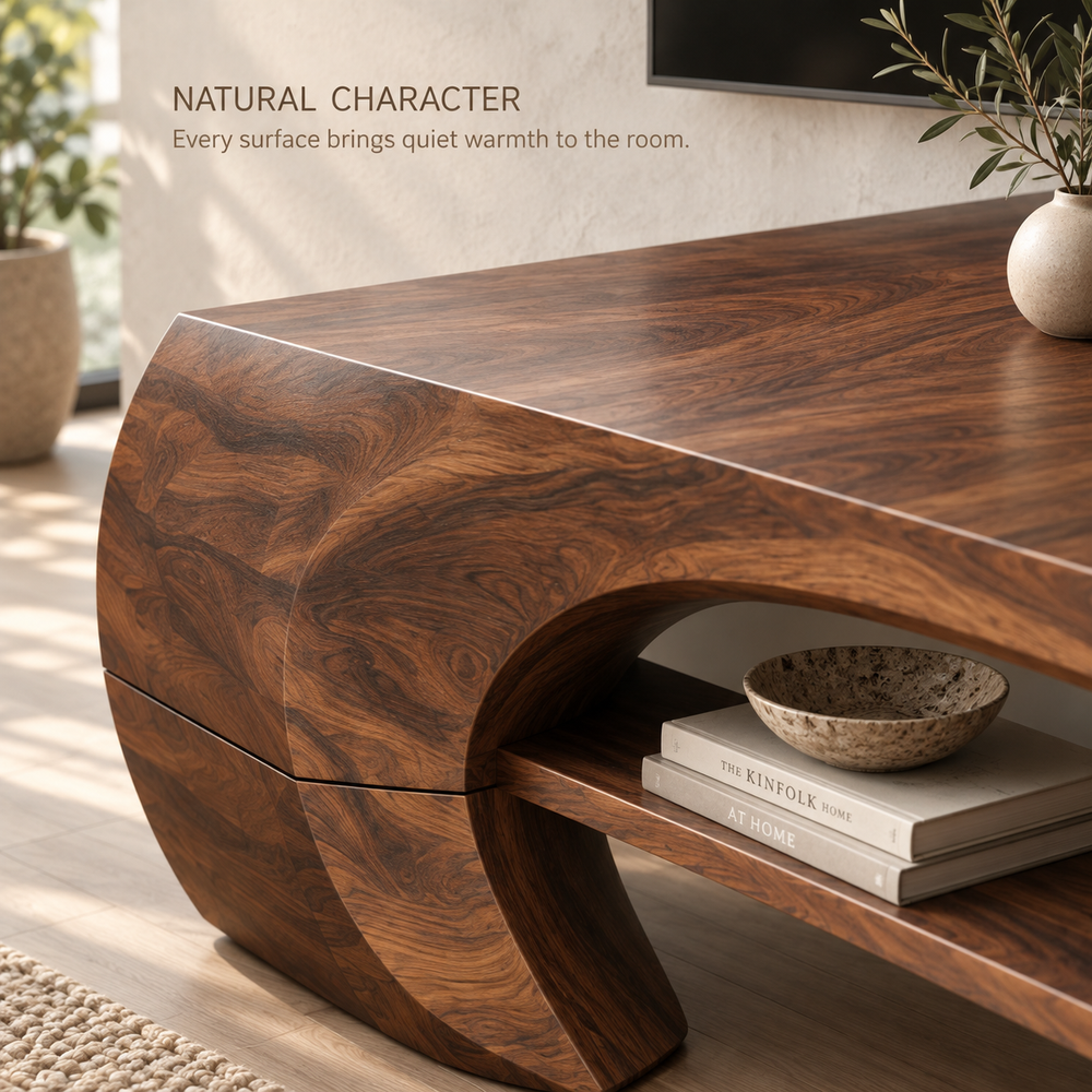 Soren Sculptural Solid Wood TV Stand - Design 080 - product detail and styling view 4