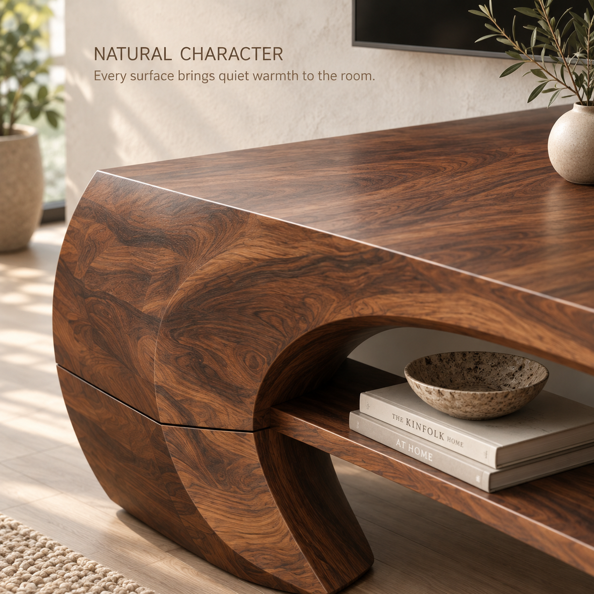 Soren Sculptural Solid Wood TV Stand - Design 080 - product detail and styling view 4