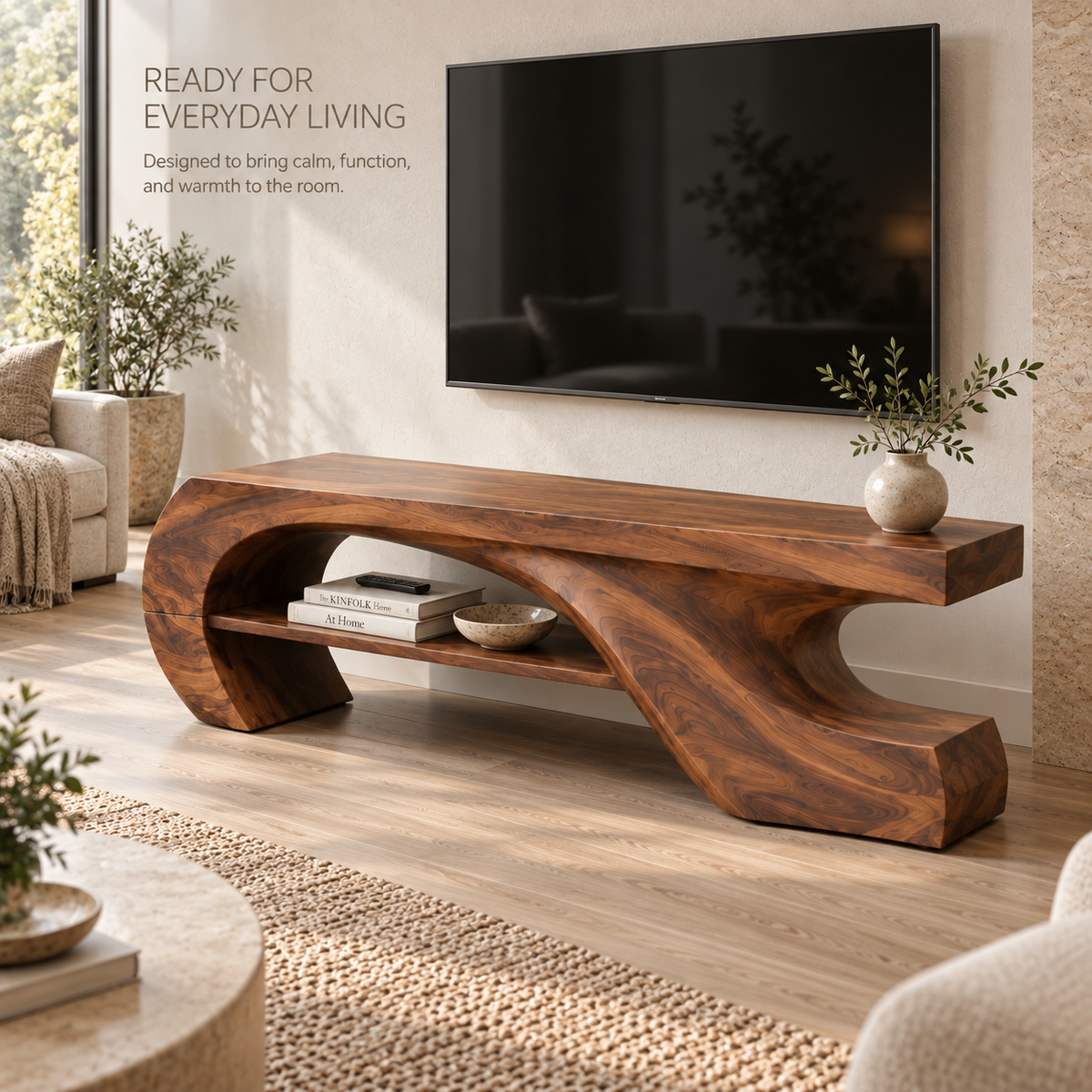 Soren Sculptural Solid Wood TV Stand - Design 080 - product detail and styling view 6