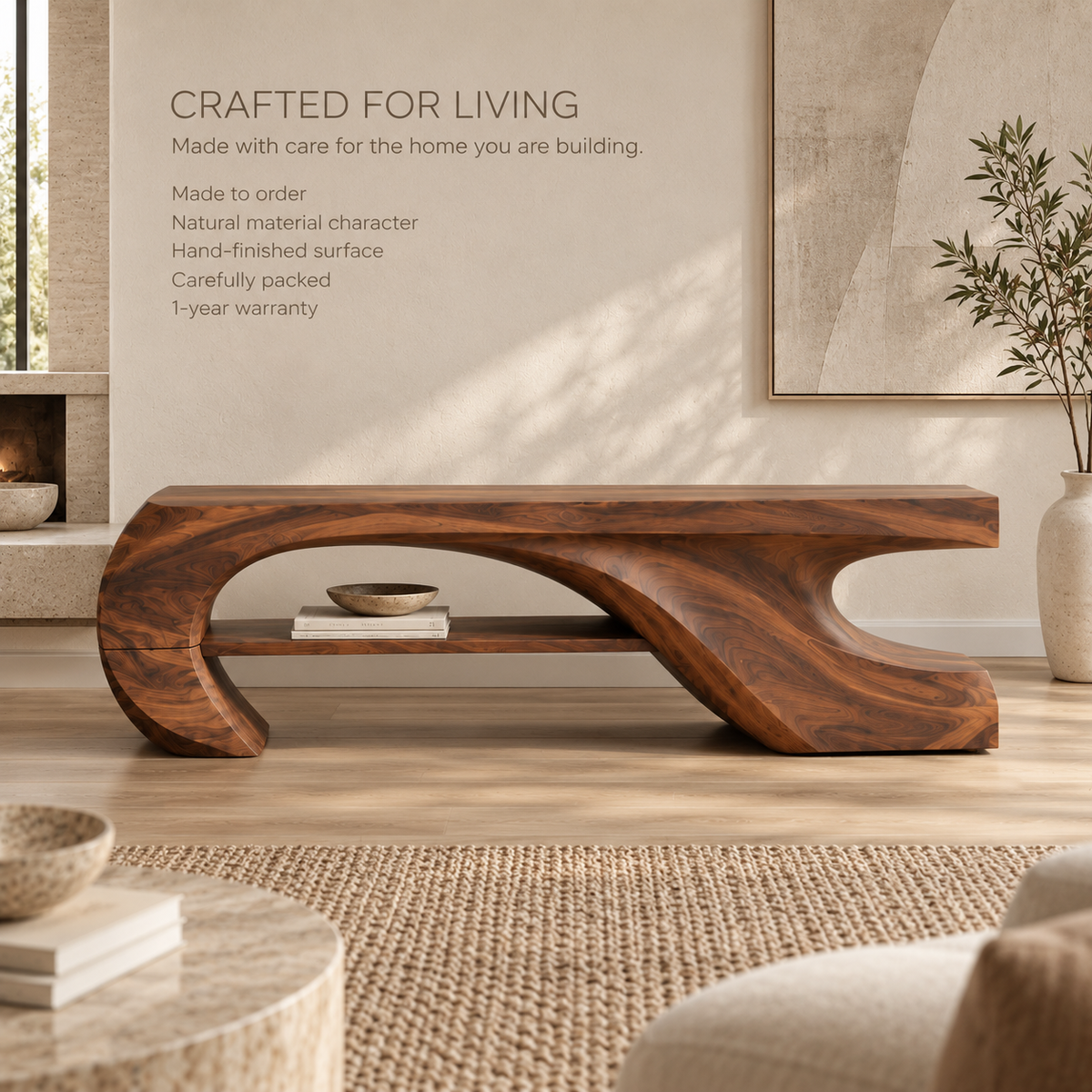 Soren Sculptural Solid Wood TV Stand - Design 080 - product detail and styling view 8