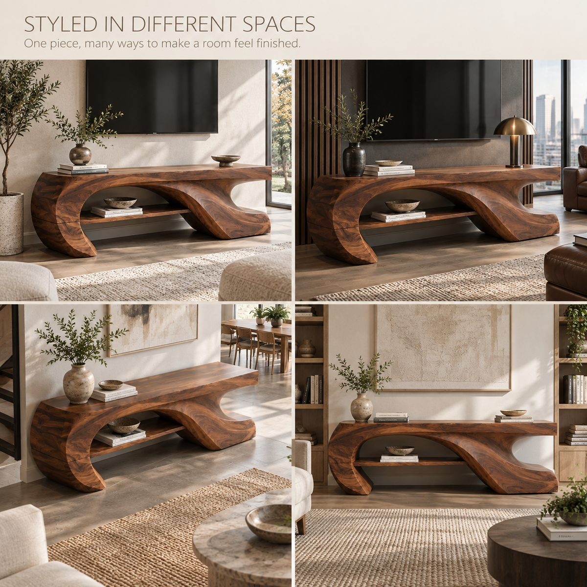 Soren Sculptural Solid Wood TV Stand - Design 080 - product detail and styling view 9