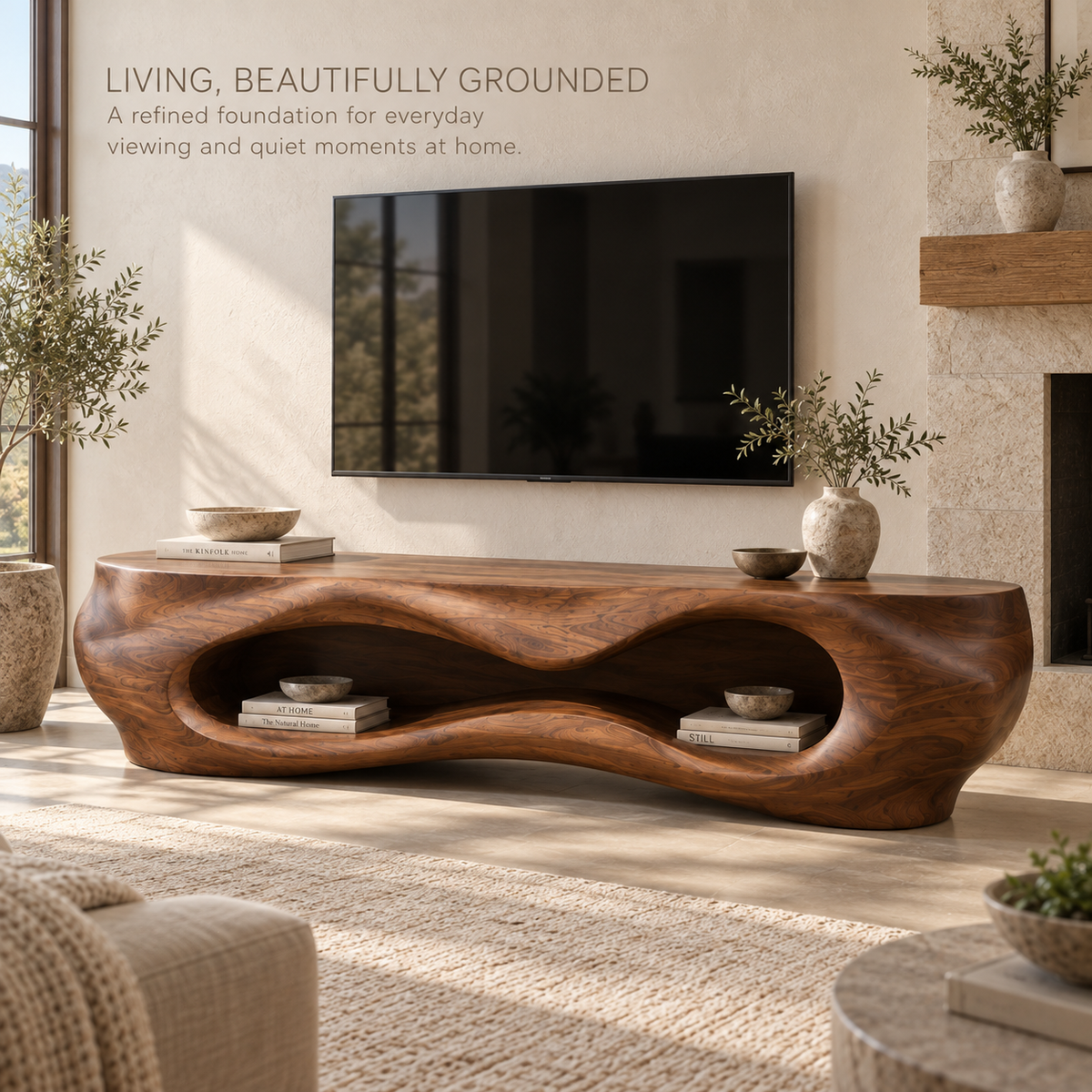 Liora Sculptural Solid Wood TV Stand - Design 081 - main lifestyle view