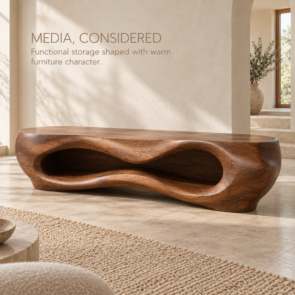 Liora Sculptural Solid Wood TV Stand - Design 081 - product detail and styling view 2