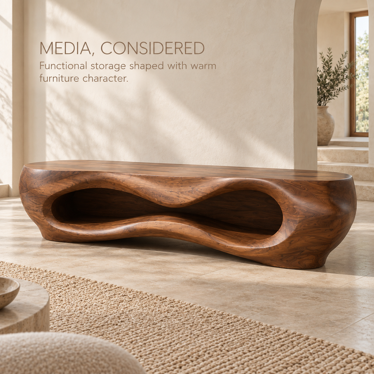 Liora Sculptural Solid Wood TV Stand - Design 081 - product detail and styling view 2