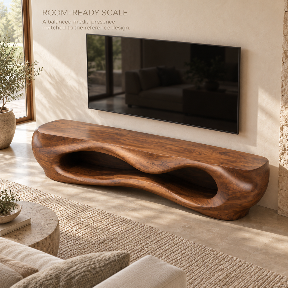 Liora Sculptural Solid Wood TV Stand - Design 081 - product detail and styling view 3