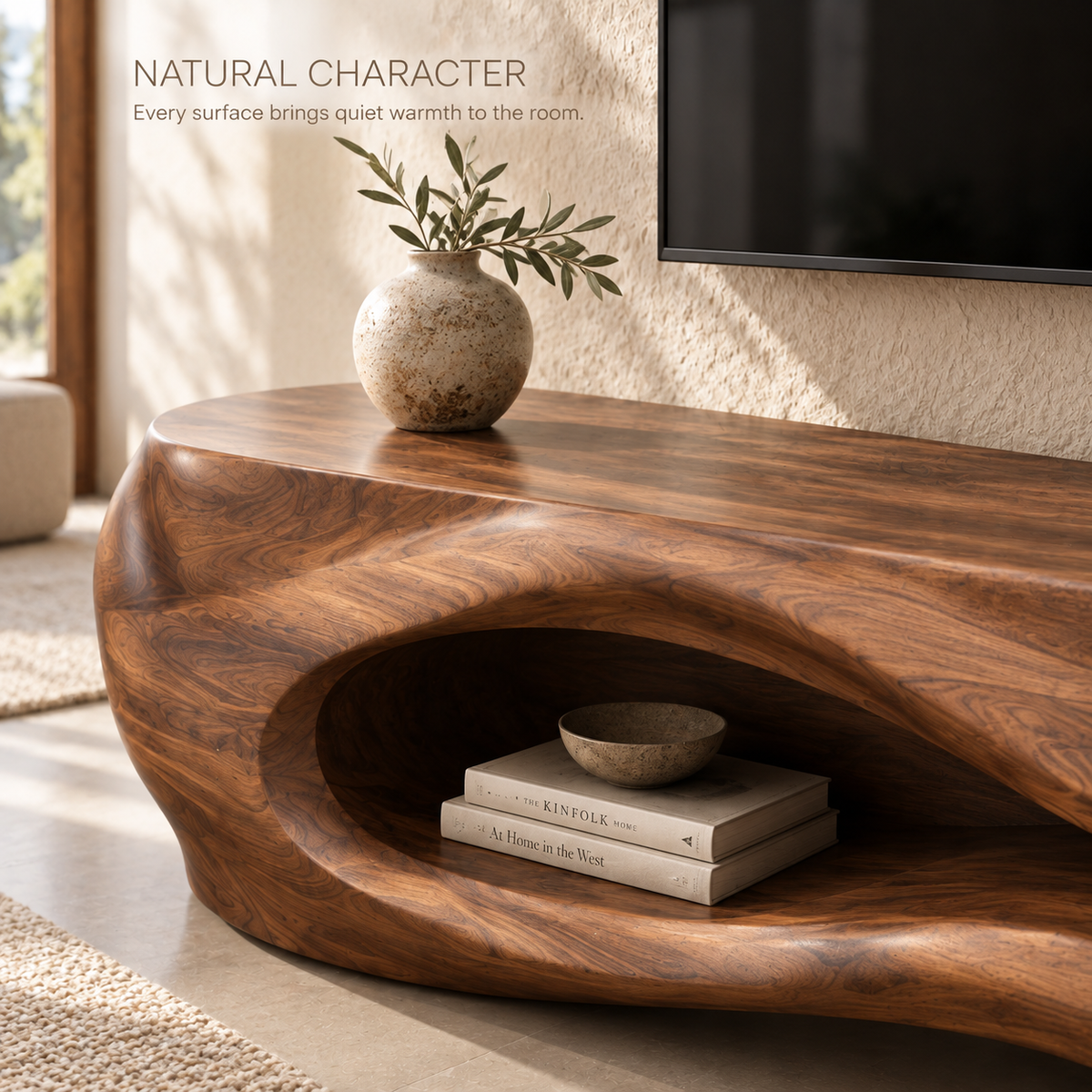 Liora Sculptural Solid Wood TV Stand - Design 081 - product detail and styling view 4